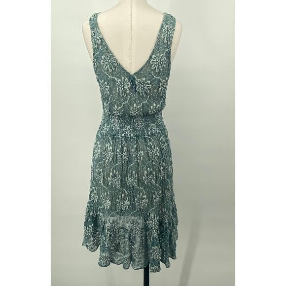 Free People Fit & Flare Mini Dress Floral Lace Beaded V Neck Sheer Teal Medium - Picture 6 of 8